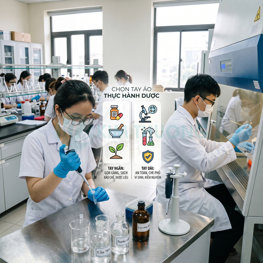 Sinh viên dược mặc áo blouse tay ngắn và tay dài thực hành thí nghiệm trong phòng lab hiện đại