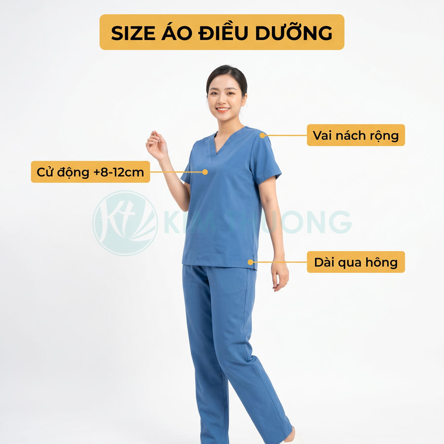 Đồng phục điều dưỡng nữ màu xanh dương form rộng, tay ngắn, cổ tim, quần dài cùng màu