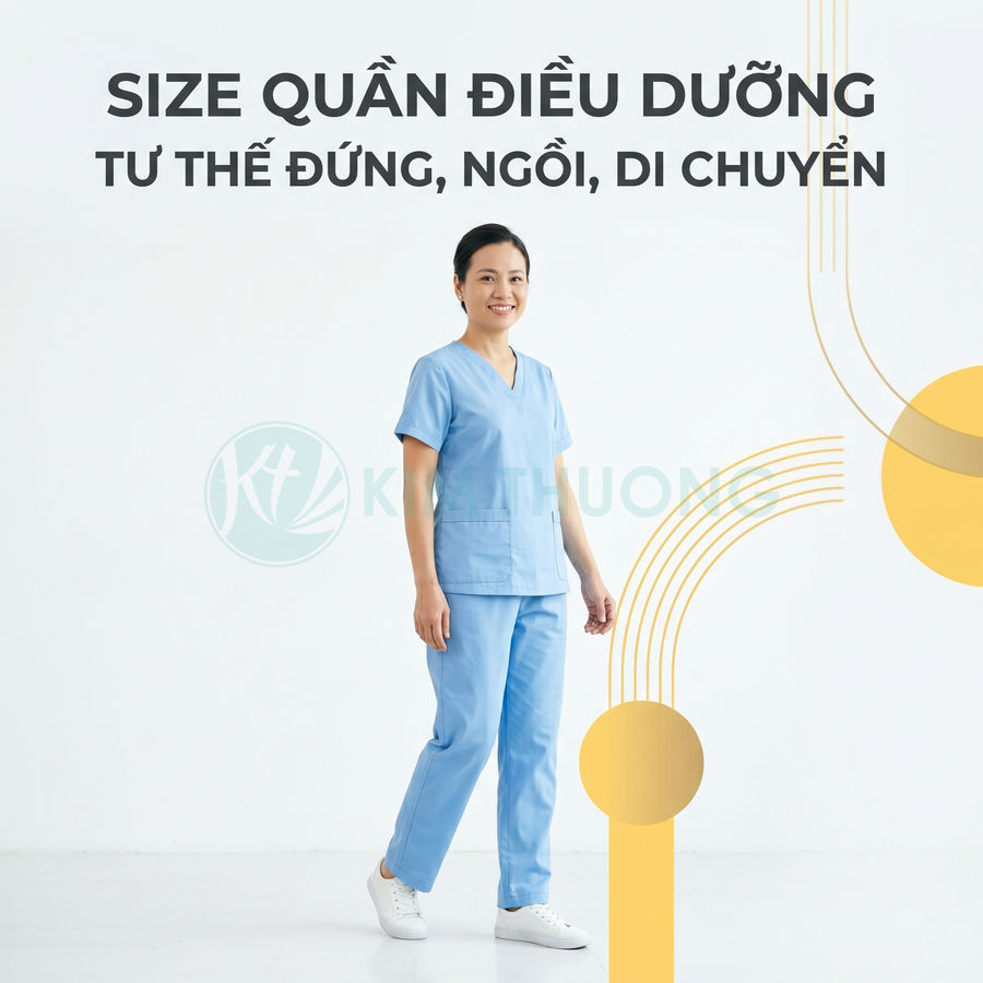 Nữ điều dưỡng mặc bộ quần áo scrub màu xanh dương đứng trong studio nền trắng