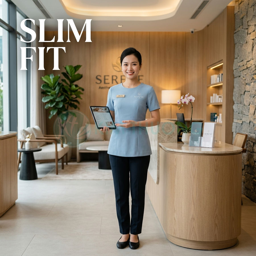 Nhân viên spa Serene cầm máy tính bảng tư vấn dịch vụ giảm béo Slim Fit trong sảnh tiếp tân hiện đại
