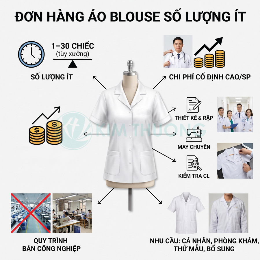 Áo blouse trắng tay ngắn hai túi trên ma nơ canh, minh họa quy trình đặt may số lượng ít cho phòng khám và cá nhân