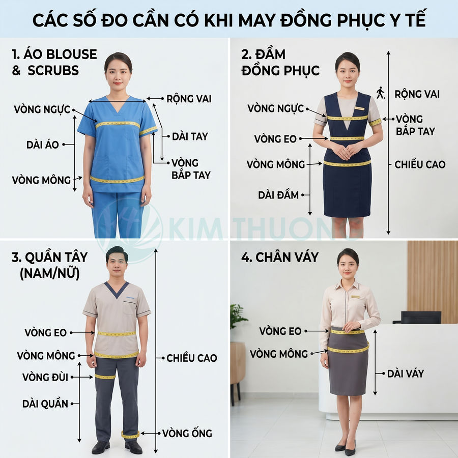 Hướng dẫn đo size may đồng phục y tế gồm áo blouse, đầm, quần tây và chân váy cho nam nữ