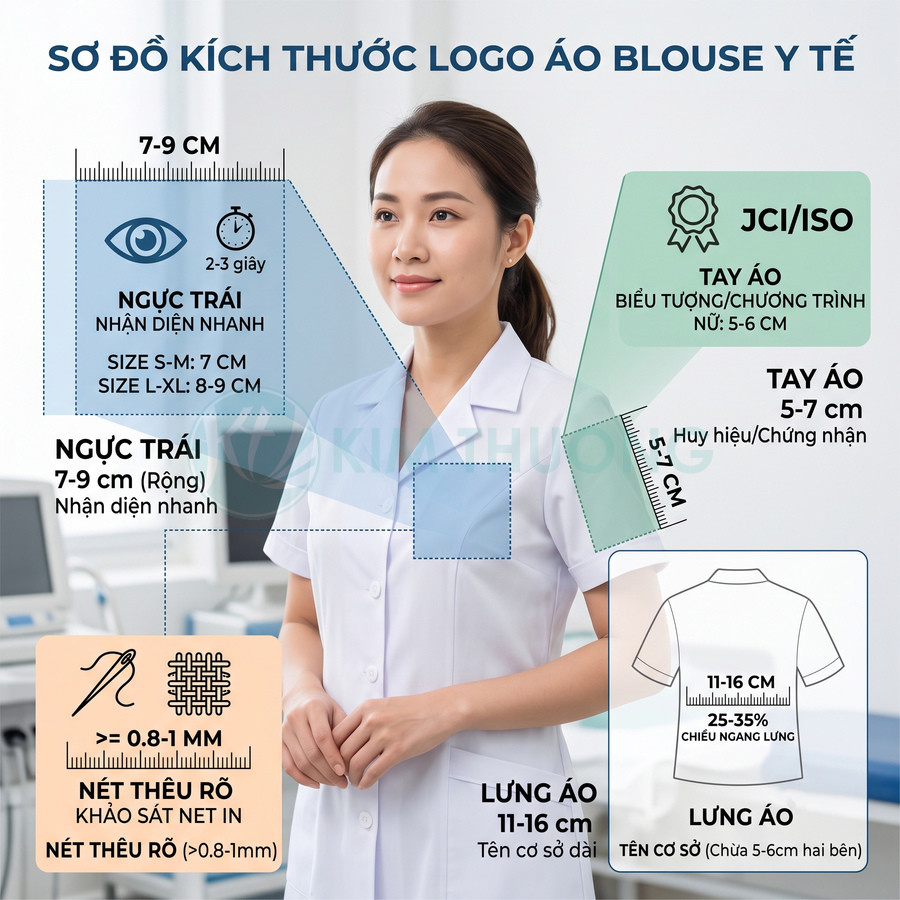 Nữ nhân viên y tế mặc áo blouse trắng, minh họa vị trí và kích thước in thêu logo trên áo