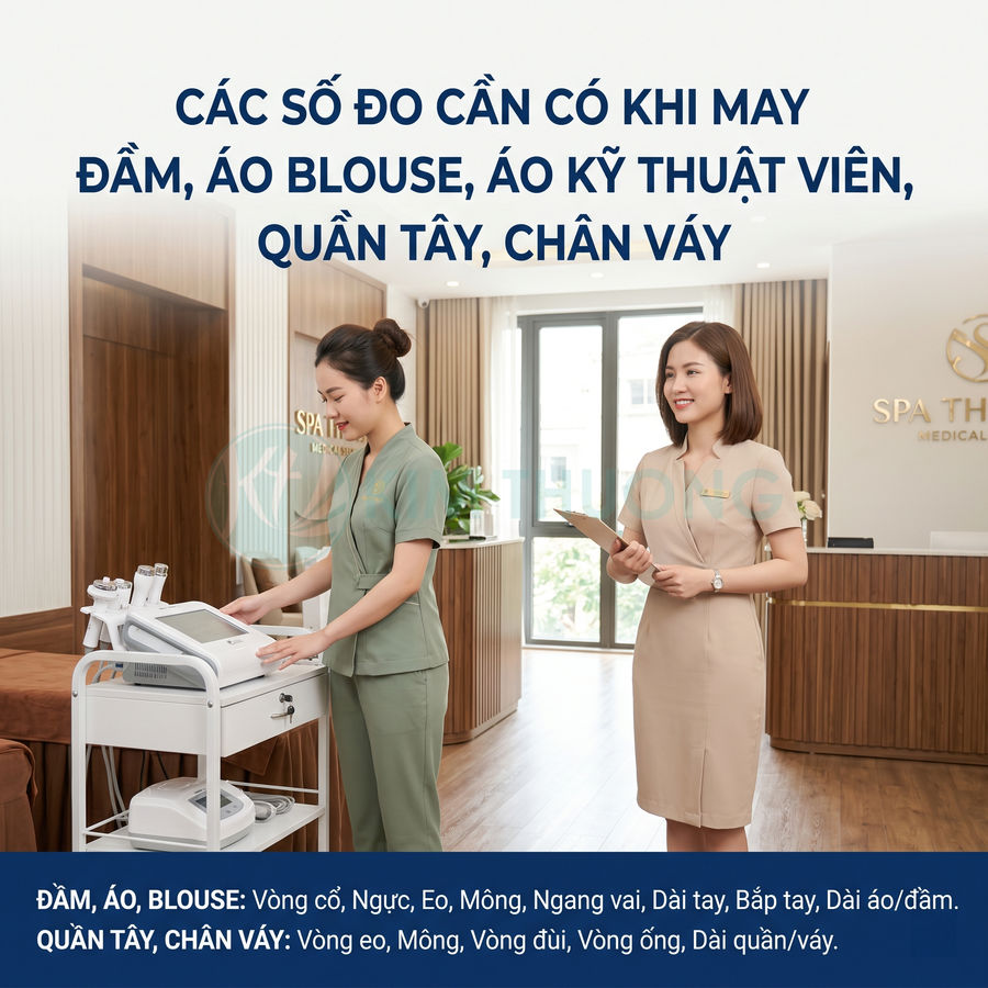 Nhân viên spa mặc đồng phục váy và đồ bộ đứng trong sảnh, giới thiệu số đo cần có khi may đồng phục spa