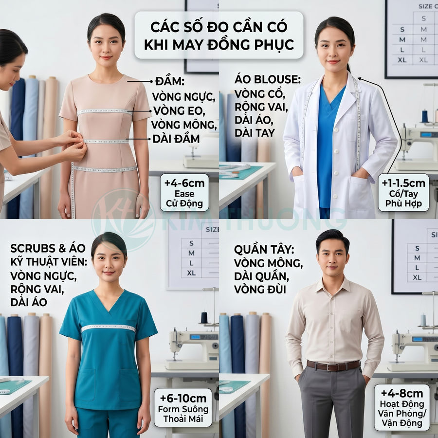 Các số đo cần có khi may đồng phục đầm, áo blouse, scrubs y tế và quần tây cho nhân viên văn phòng
