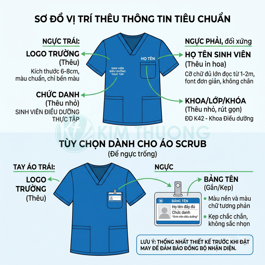 Sơ đồ vị trí thêu logo trường, họ tên, chức danh trên áo scrub sinh viên điều dưỡng màu xanh