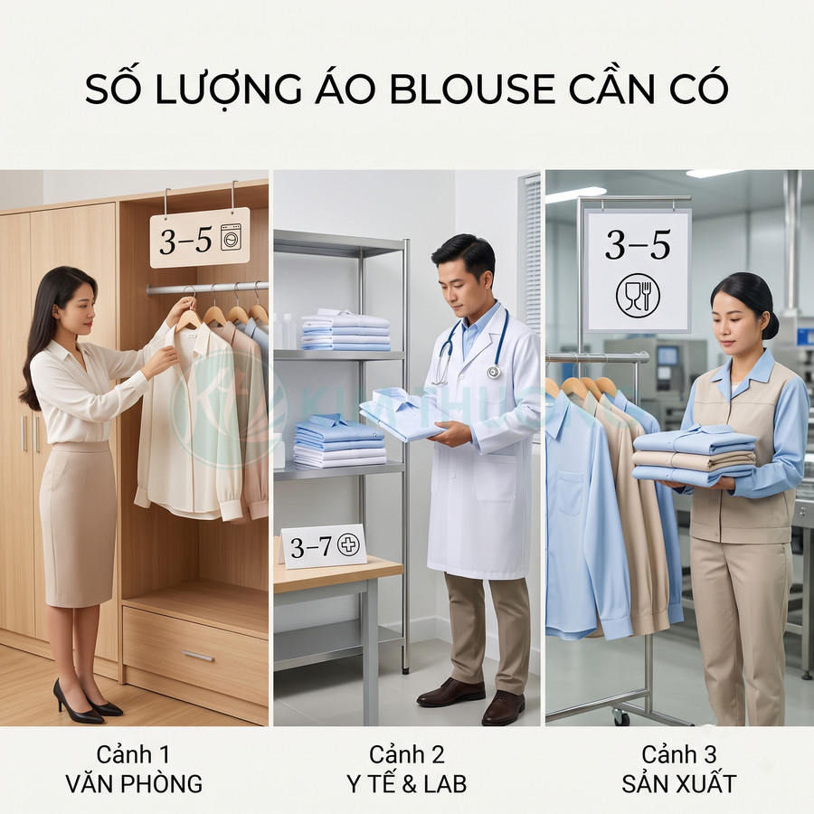 Các mẫu áo blouse cho nhân viên văn phòng, y tế lab và sản xuất được gấp xếp gọn gàng