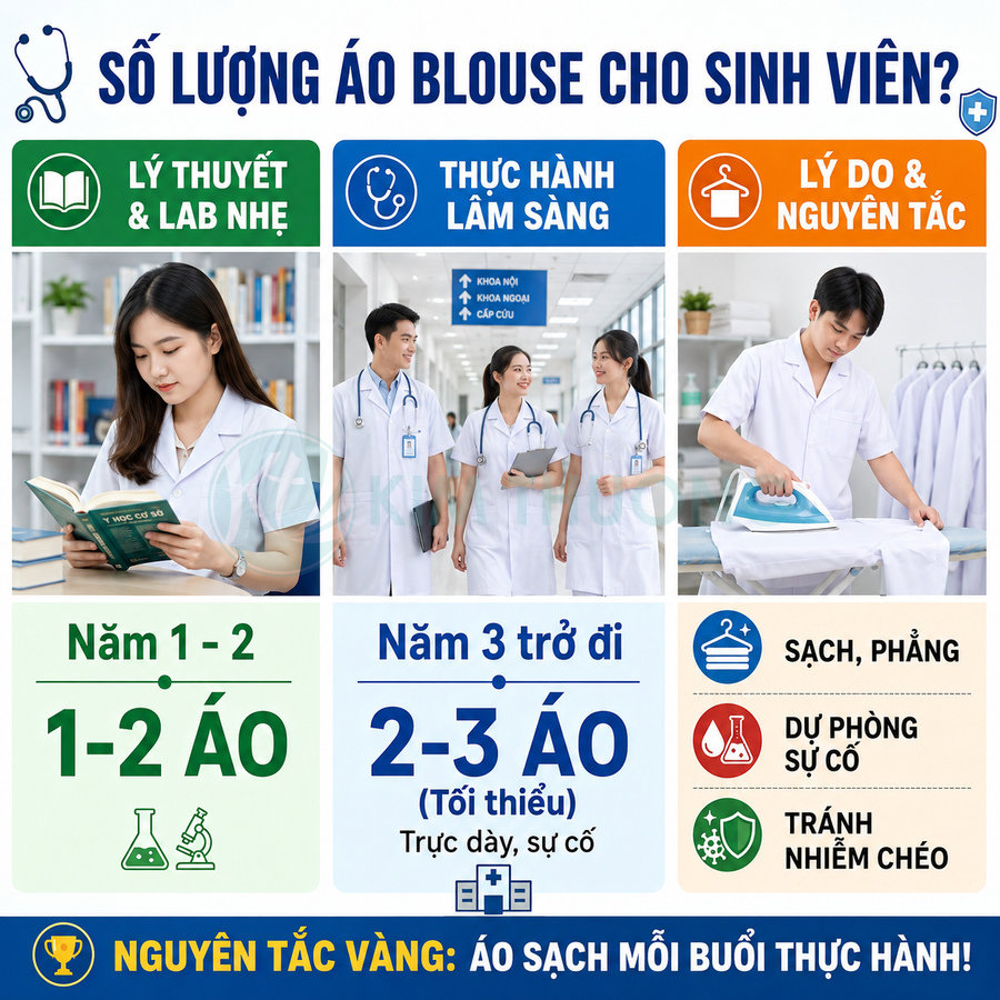 Sinh viên y khoa mặc áo blouse trắng học lý thuyết, thực hành lâm sàng và ủi áo sạch phẳng để tránh nhiễm chéo