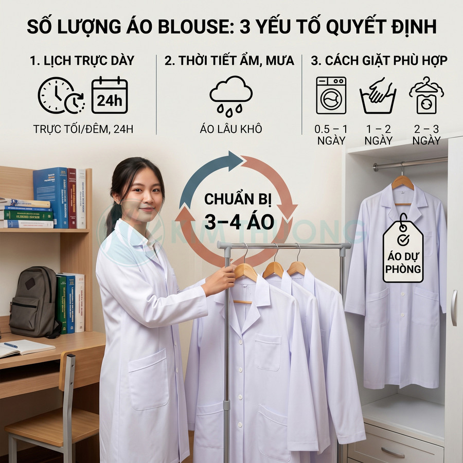 Nữ sinh y khoa mặc áo blouse trắng đứng cạnh giá treo nhiều áo blouse dự phòng trong phòng học