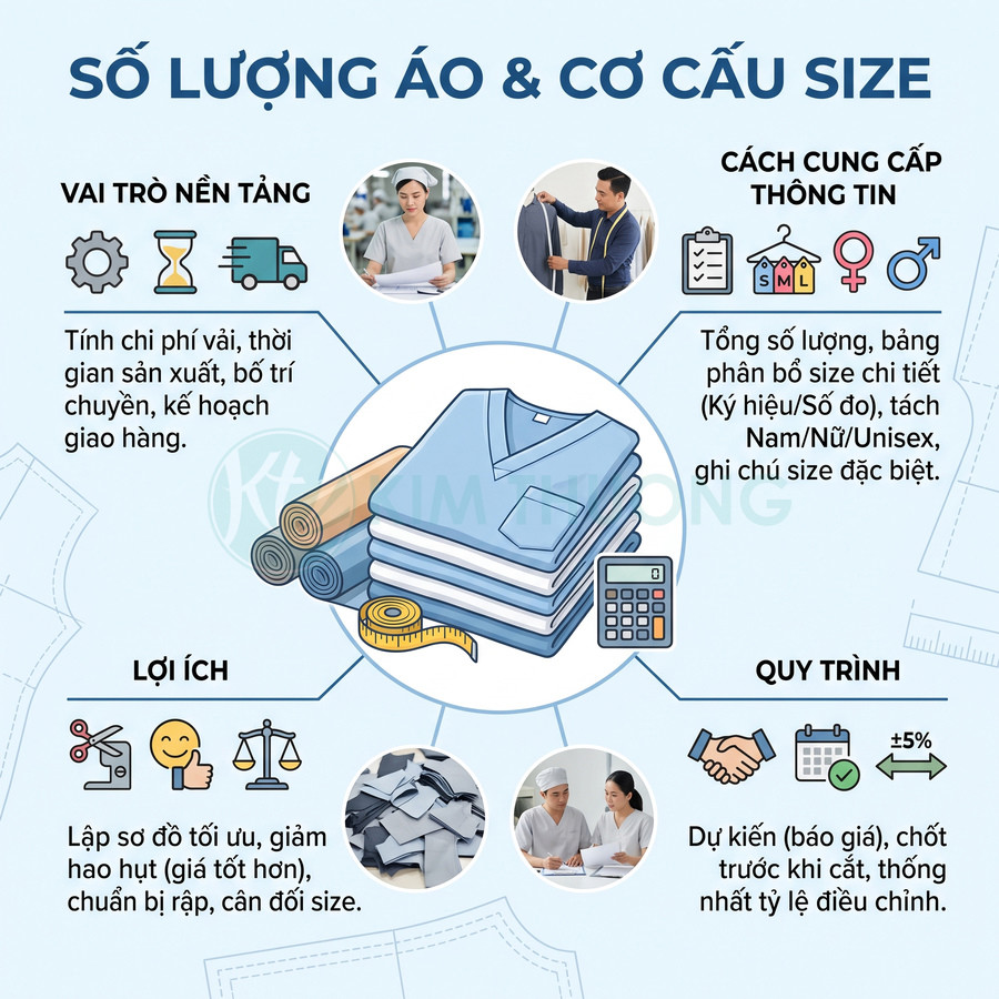 Áo sơ mi xếp chồng, vải cuộn và thước dây minh họa số lượng áo và cơ cấu size trong sản xuất may mặc