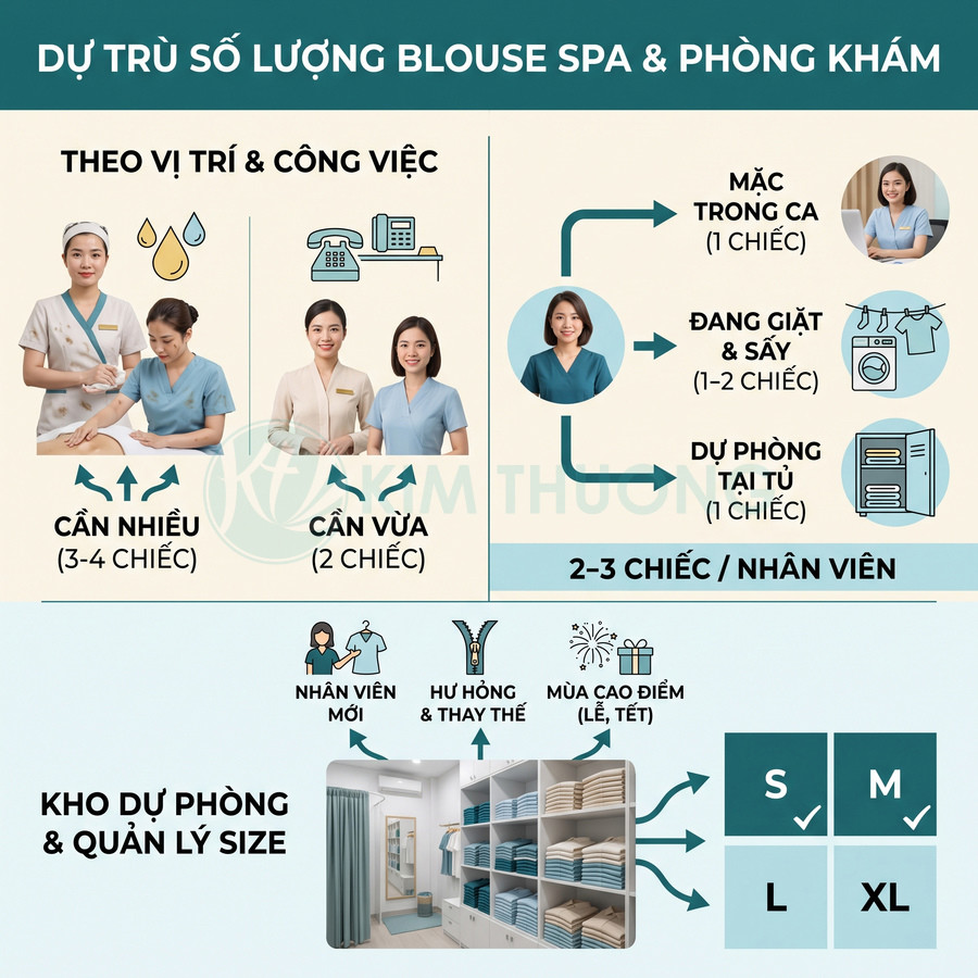 Hướng dẫn dự trữ số lượng áo blouse spa phòng khám và kho lưu trữ đồng phục theo size S M L XL