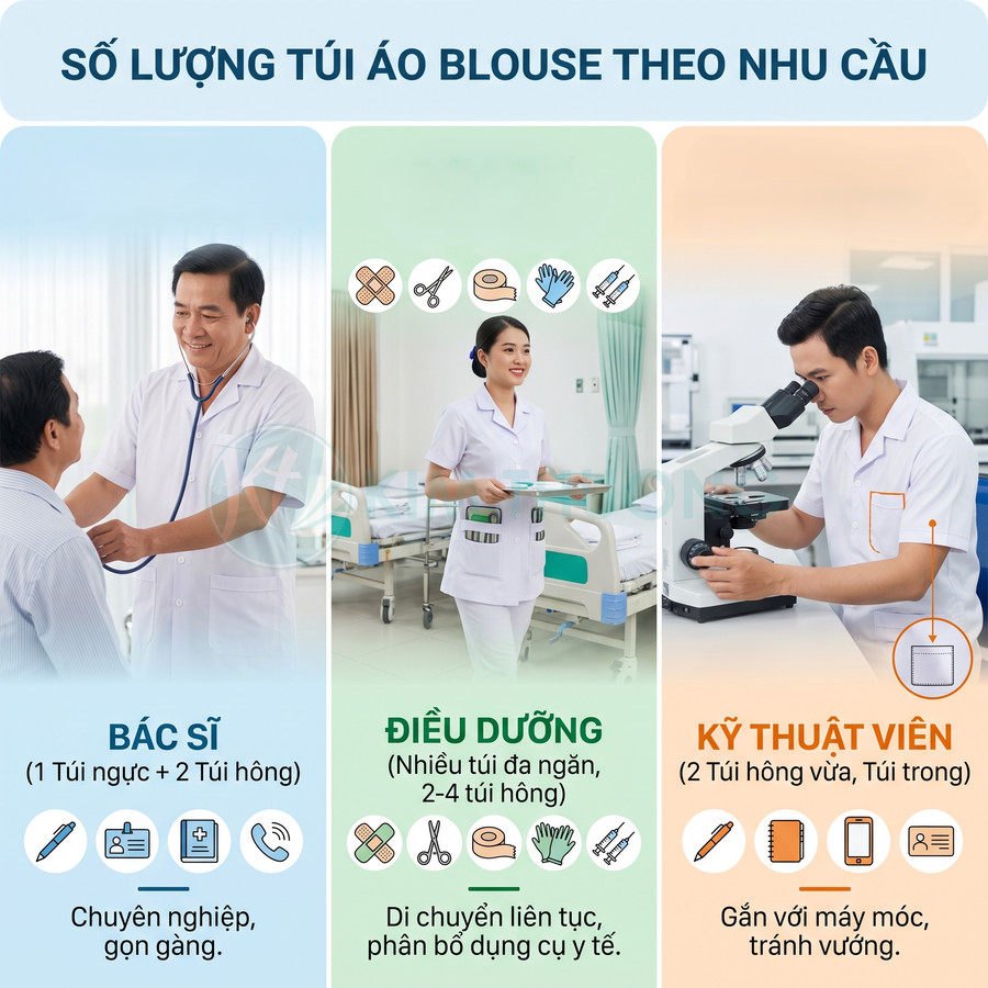 Áo blouse bác sĩ điều dưỡng kỹ thuật viên với số lượng túi khác nhau để đựng dụng cụ y tế