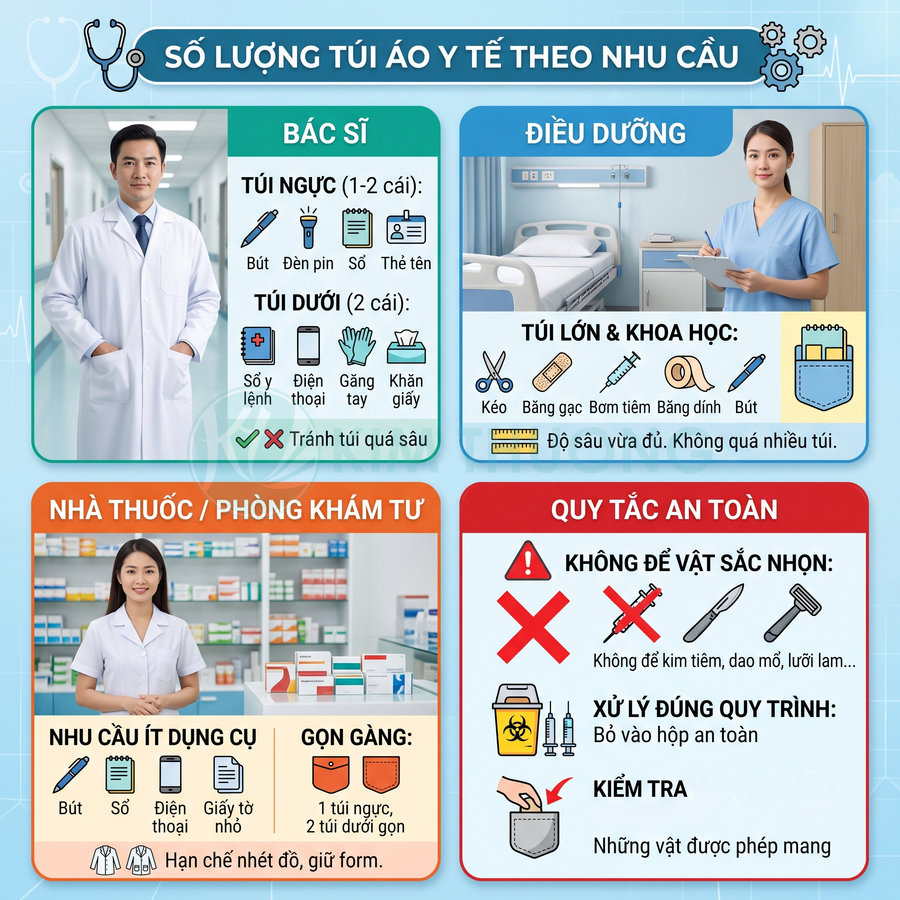 Hướng dẫn sắp xếp túi áo y tế cho bác sĩ điều dưỡng nhà thuốc và quy tắc an toàn dụng cụ y khoa