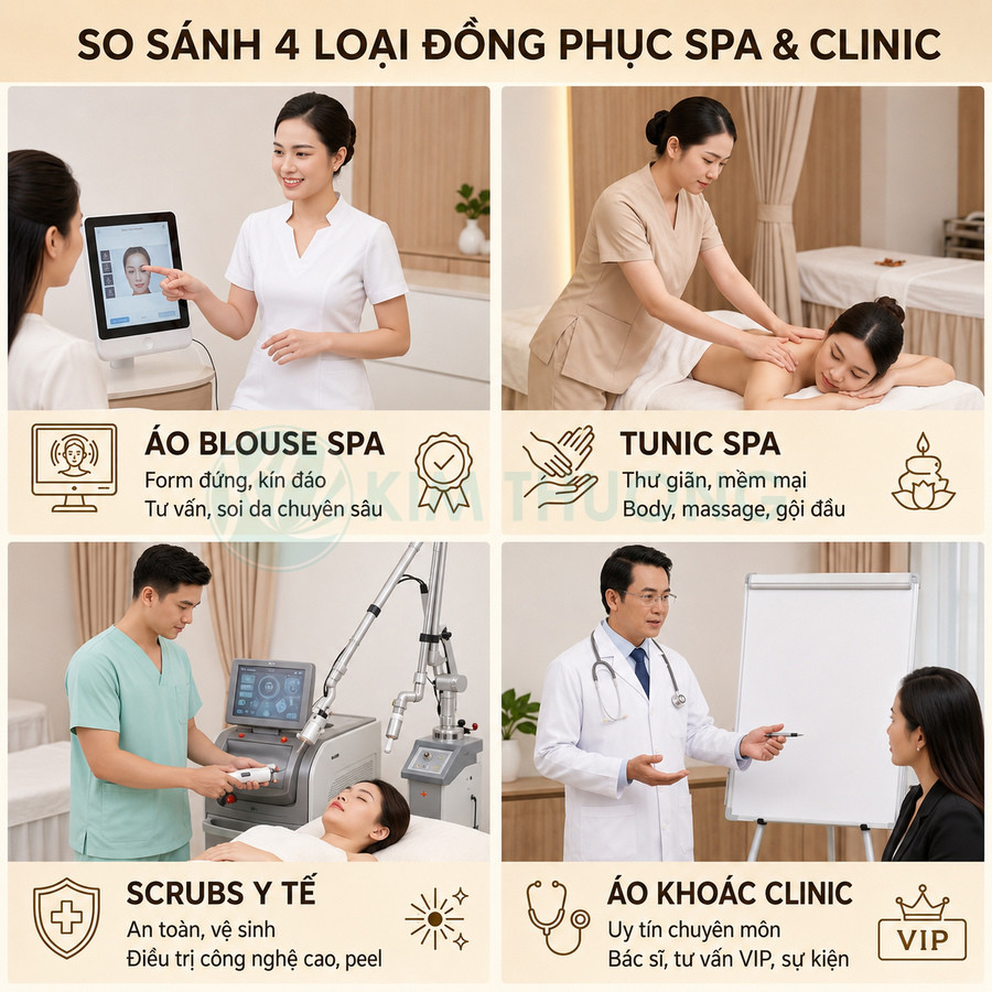 So sánh 4 loại đồng phục spa và clinic gồm áo blouse spa, tunic spa, scrubs y tế và áo khoác clinic