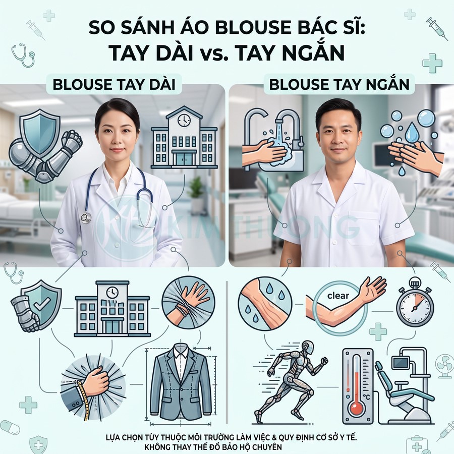 Áo blouse bác sĩ nên chọn tay dài hay tay ngắn?