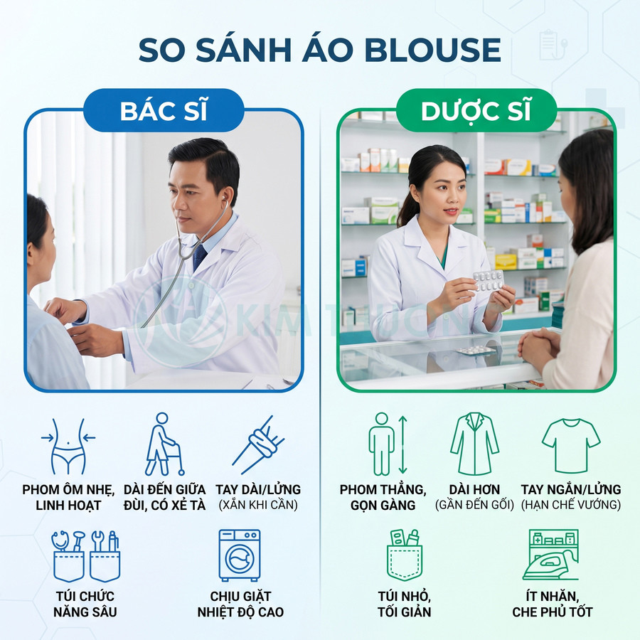 So sánh áo blouse bác sĩ và dược sĩ với hình ảnh minh họa đặc điểm thiết kế và công dụng