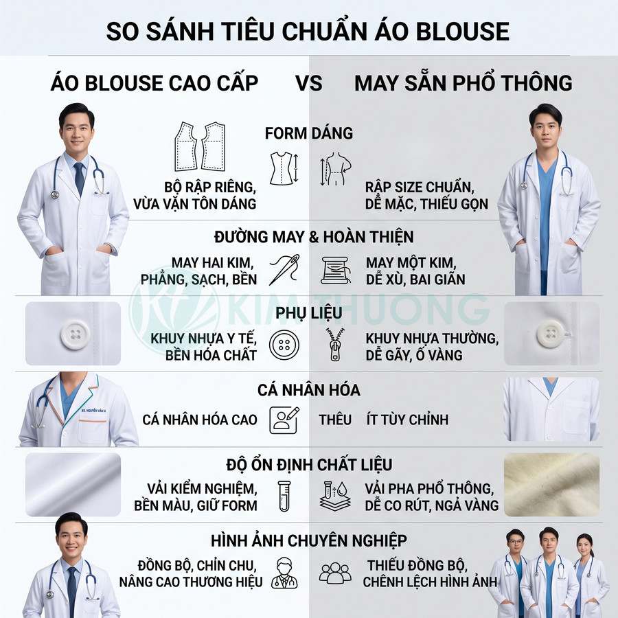 So sánh áo blouse cao cấp và áo blouse may sẵn phổ thông cho bác sĩ, nhấn mạnh form dáng và chất liệu