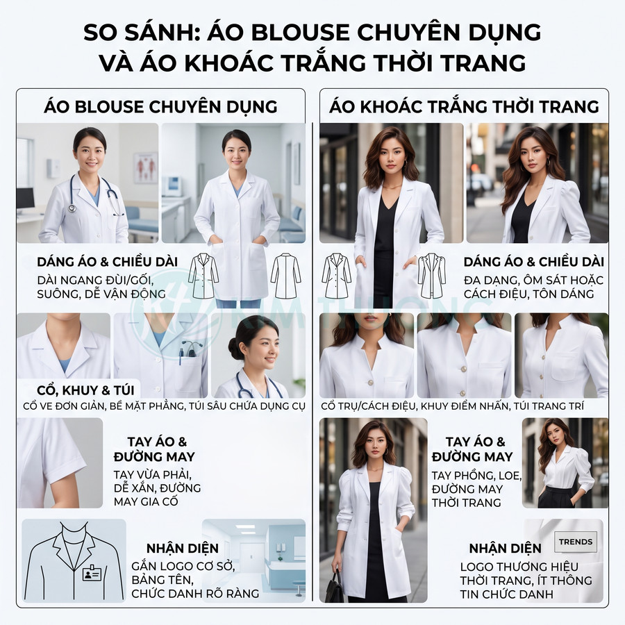 So sánh áo blouse bác sĩ chuyên dụng và áo khoác trắng thời trang cho nữ