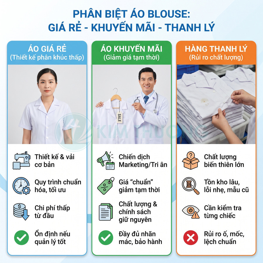 Bảng so sánh áo blouse giá rẻ, áo khuyến mãi và hàng thanh lý về giá, chất lượng và rủi ro mua hàng