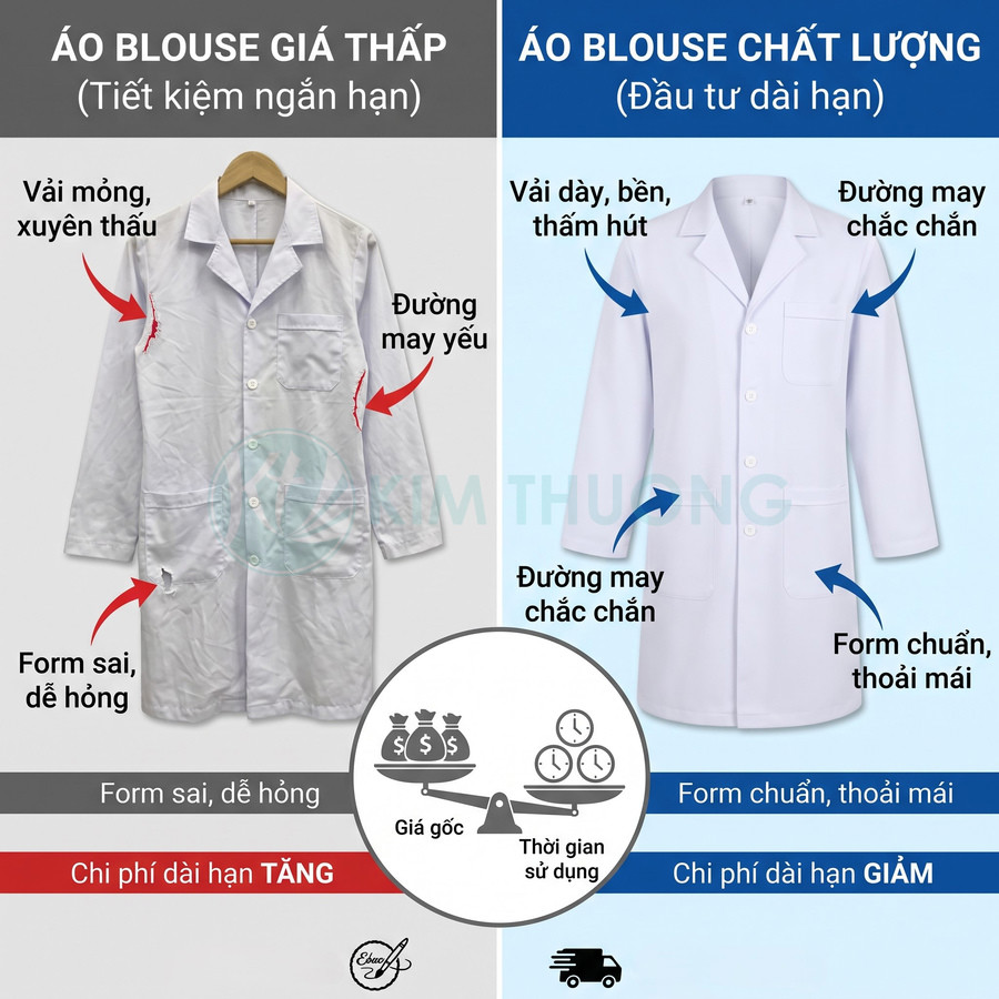 So sánh áo blouse giá rẻ vải mỏng, đường may yếu với áo blouse chất lượng vải dày, form chuẩn, đường may chắc chắn