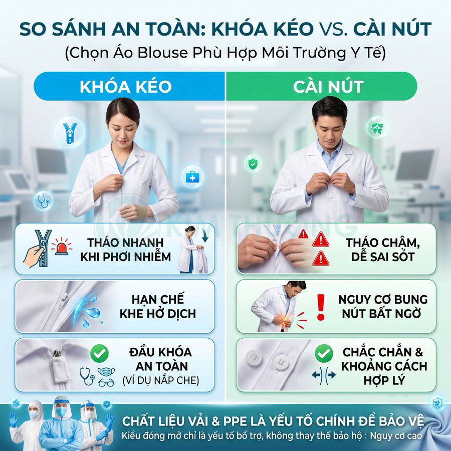 So sánh áo blouse y tế khóa kéo và cài nút về độ an toàn và khả năng bảo vệ trong môi trường bệnh viện