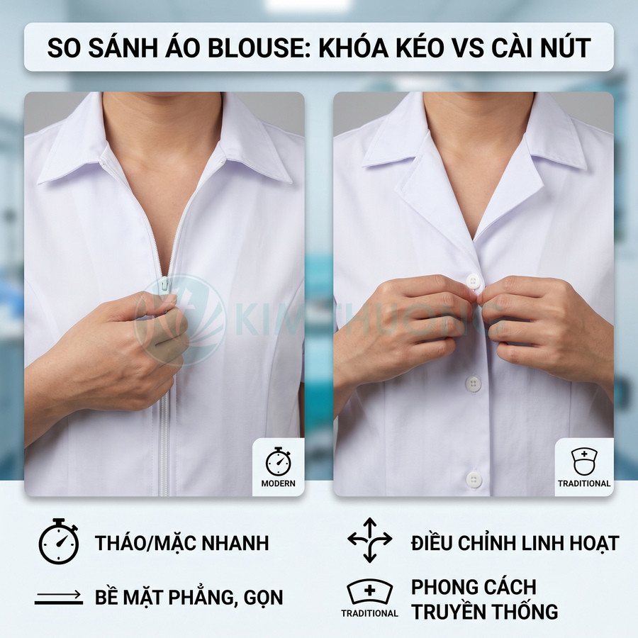 So sánh áo blouse trắng khóa kéo hiện đại và áo blouse cài nút truyền thống cho nhân viên y tế