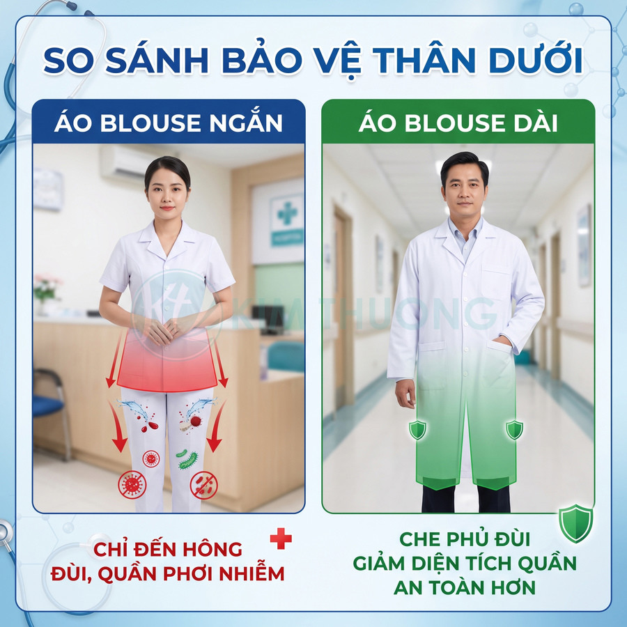 So sánh áo blouse ngắn và áo blouse dài cho bác sĩ, nhấn mạnh áo dài che phủ đùi an toàn hơn