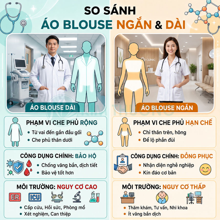 So sánh áo blouse dài và áo blouse ngắn cho bác sĩ với phạm vi che phủ và công dụng khác nhau