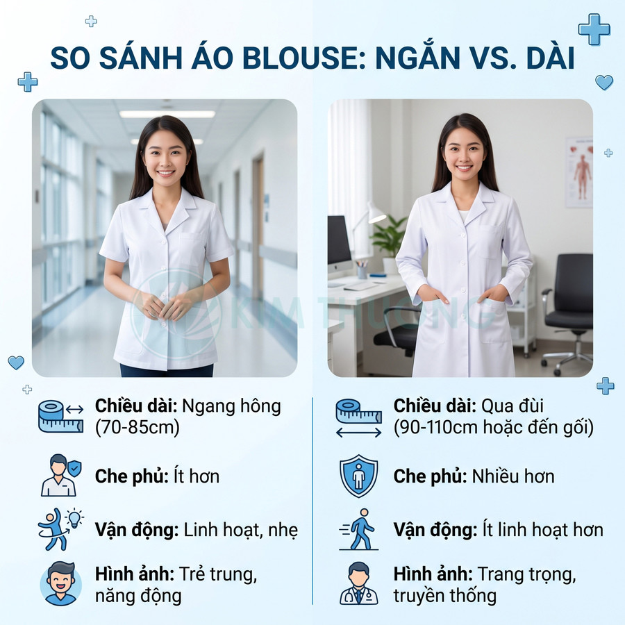So sánh áo blouse bác sĩ ngắn tay ngang hông và áo blouse dài qua đùi màu trắng trong bệnh viện