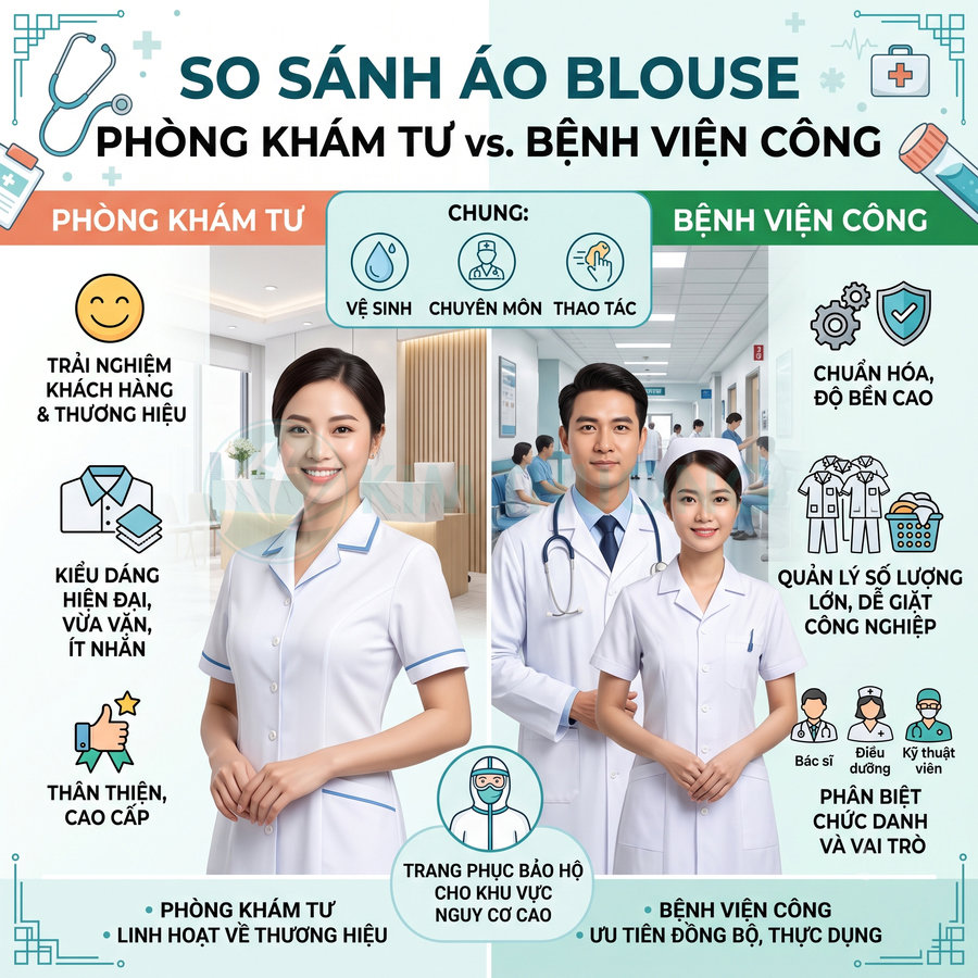 Áo blouse trong phòng khám tư khác gì trong bệnh viện công?