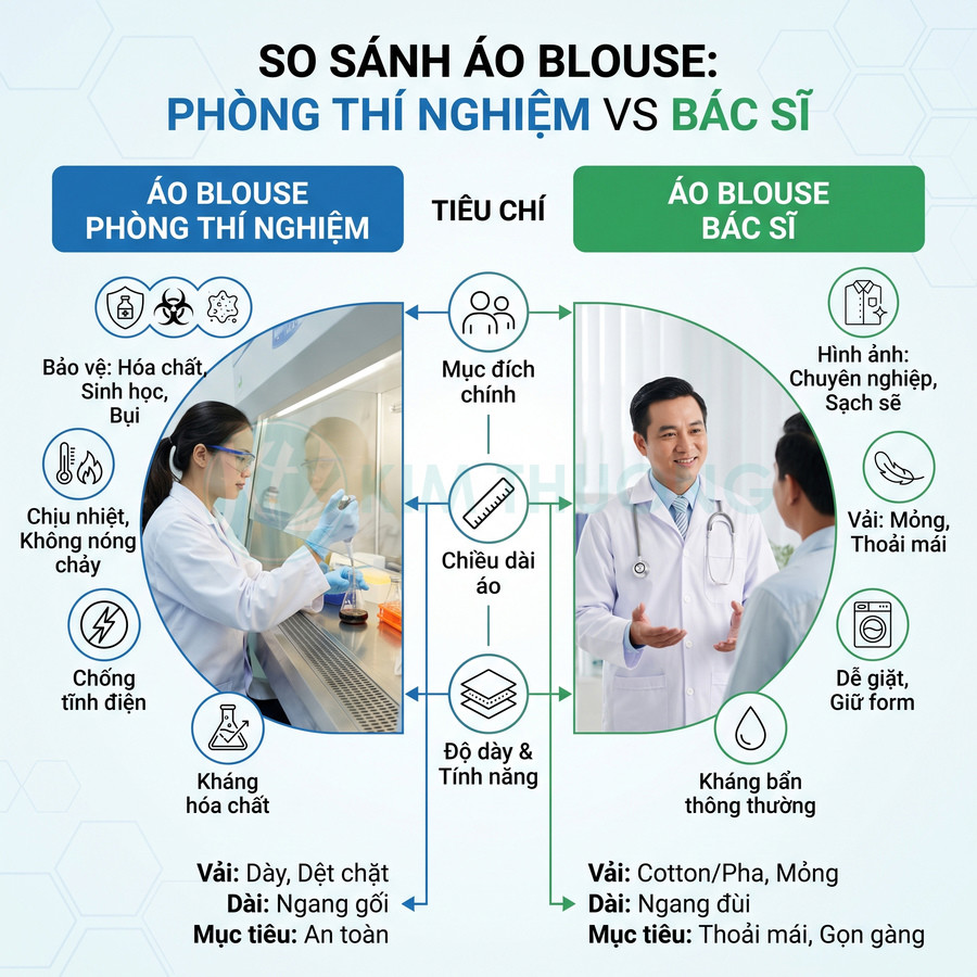 So sánh áo blouse phòng thí nghiệm và áo blouse bác sĩ về chất liệu, chiều dài, tính năng và mục đích sử dụng