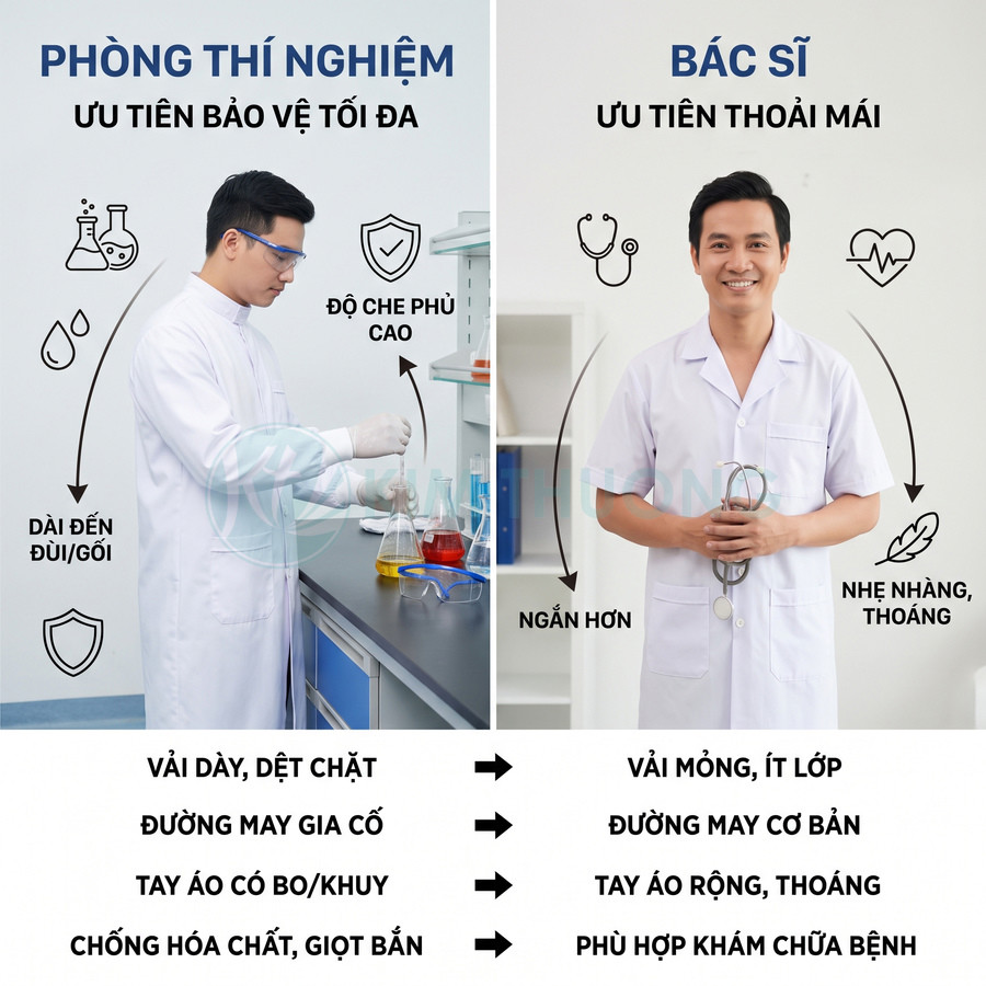 So sánh áo blouse phòng thí nghiệm vải dày, bảo hộ cao với áo blouse bác sĩ vải mỏng, thoáng mát, thoải mái khi khám chữa bệnh