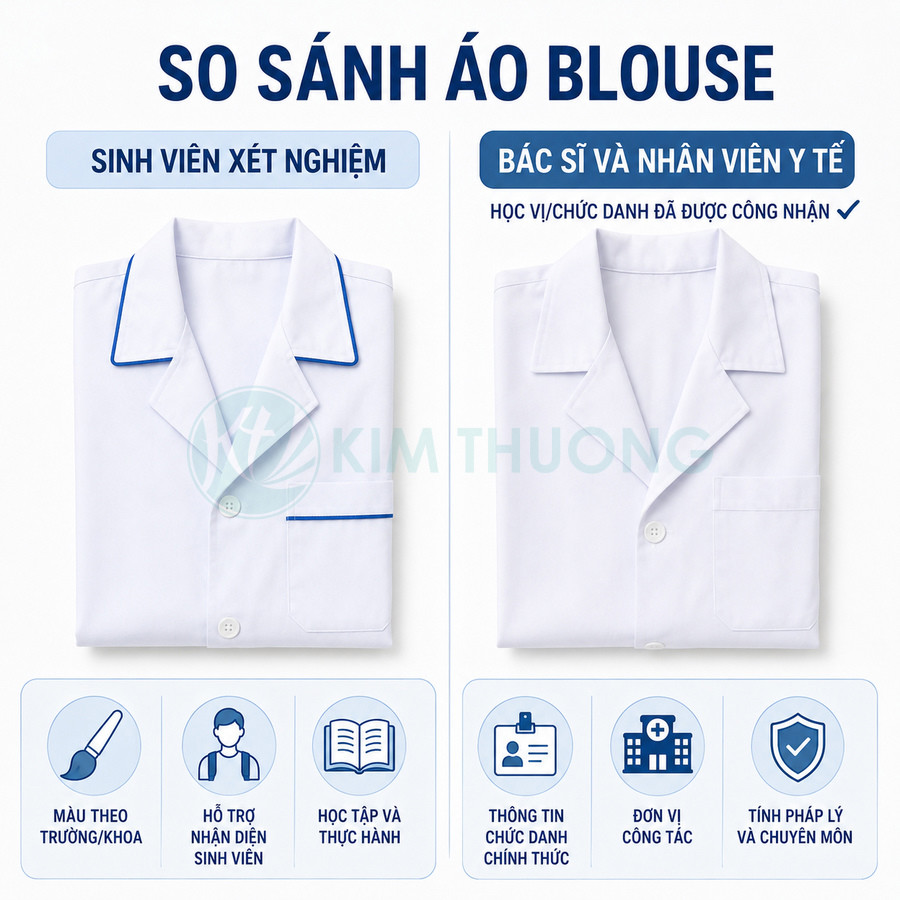 So sánh áo blouse sinh viên xét nghiệm viền xanh và áo blouse bác sĩ nhân viên y tế trắng trơn Kim Thượng