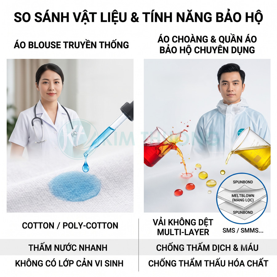 So sánh áo blouse cotton truyền thống và áo choàng bảo hộ vải không dệt chống thấm dịch, máu, hóa chất