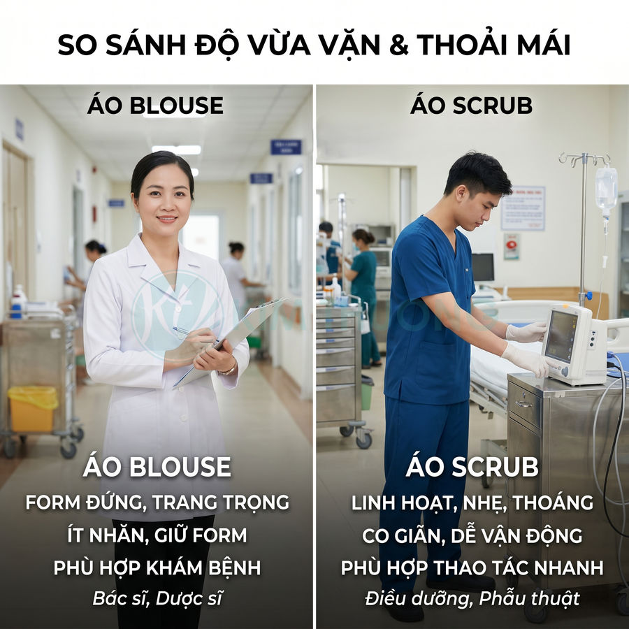 So sánh áo blouse trắng và áo scrub xanh cho nhân viên y tế trong bệnh viện