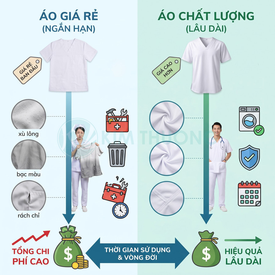 So sánh áo đồng phục y tế giá rẻ dễ xù lông, bạc màu với áo chất lượng bền đẹp lâu dài