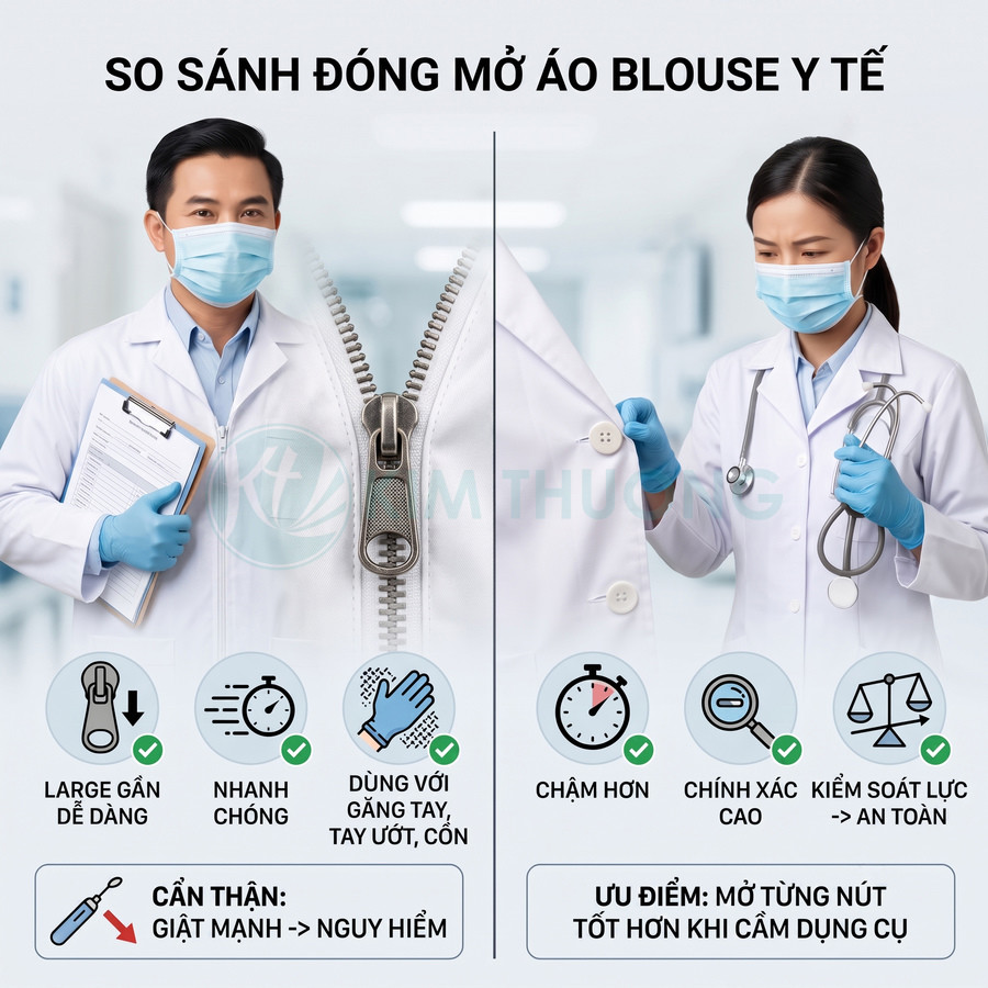 So sánh áo blouse y tế cài khóa kéo và cài nút, bác sĩ đeo khẩu trang găng tay cầm dụng cụ