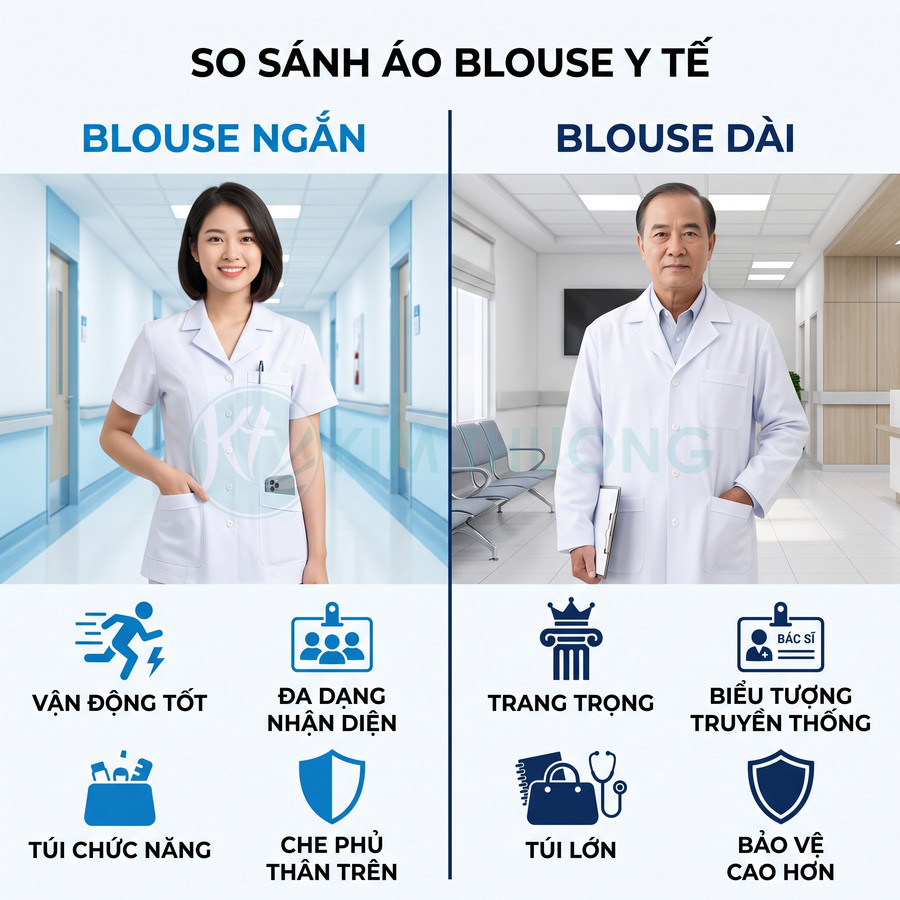 So sánh áo blouse y tế ngắn tay và dài tay cho bác sĩ trong bệnh viện, kèm ưu điểm từng loại