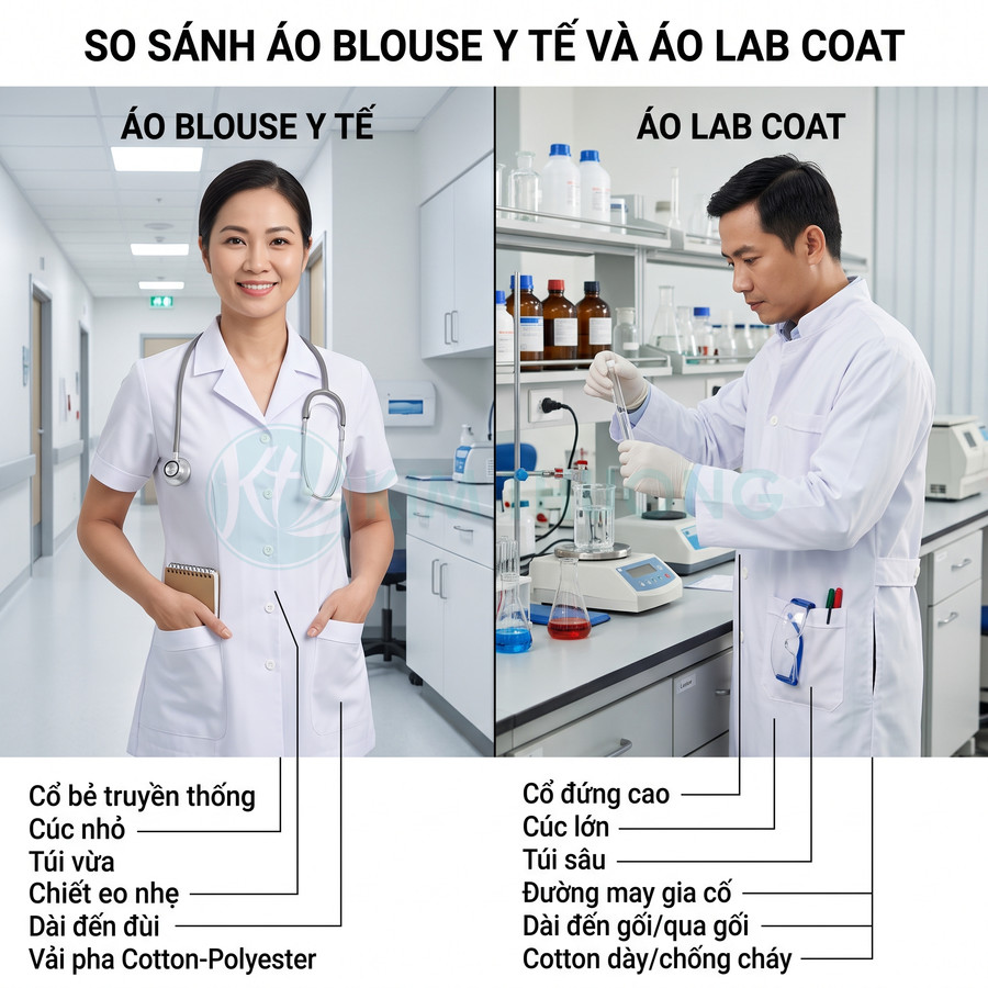 So sánh áo blouse y tế cổ bẻ dáng ngắn và áo lab coat cổ đứng dài đến gối trong môi trường bệnh viện và phòng thí nghiệm