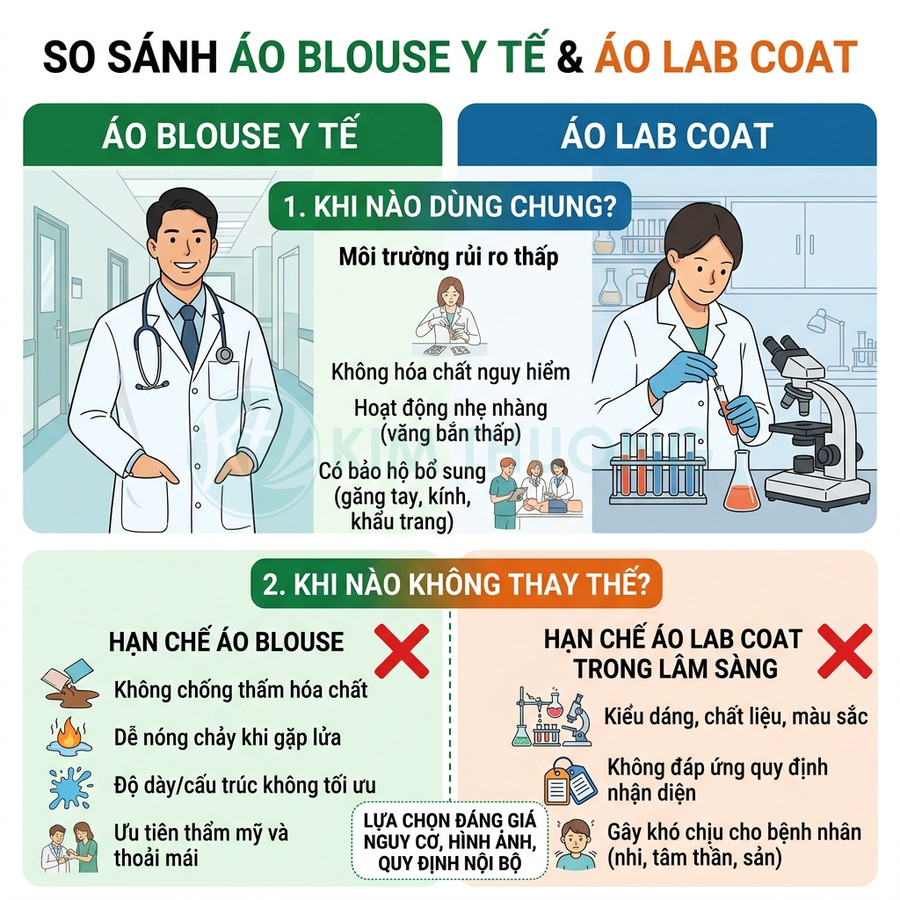 Infographic so sánh áo blouse y tế và áo lab coat, nêu ưu nhược điểm và trường hợp sử dụng từng loại