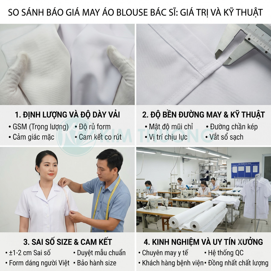 So sánh chất lượng áo blouse bác sĩ, kiểm tra vải, đường may, form dáng và xưởng may chuyên nghiệp