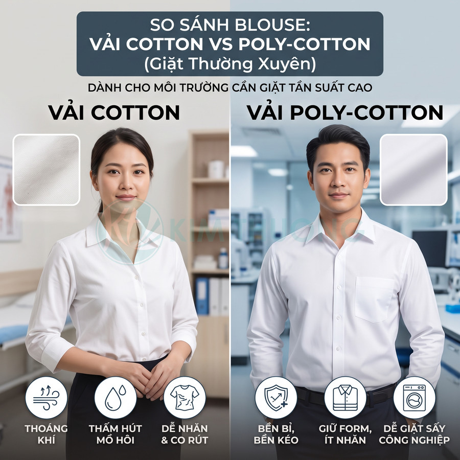 So sánh áo blouse vải cotton và poly cotton cho nhân viên y tế, nêu ưu điểm thoáng khí, bền, giữ form, dễ giặt sấy