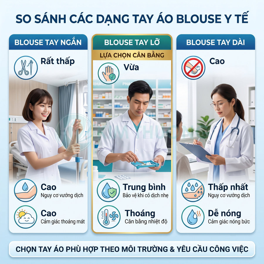 So sánh ưu nhược điểm áo blouse tay ngắn, tay lỡ và tay dài cho nhân viên y tế