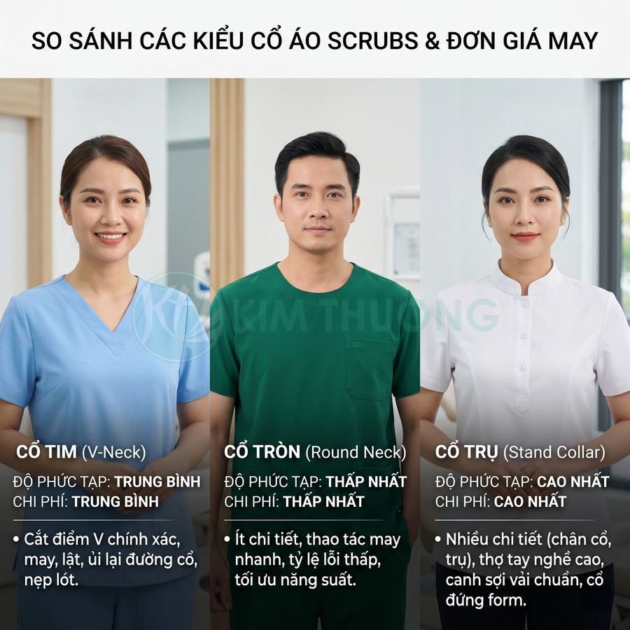 So sánh ba kiểu cổ áo scrubs y tế: cổ tim xanh dương, cổ tròn xanh lá, cổ trụ trắng trên người mẫu