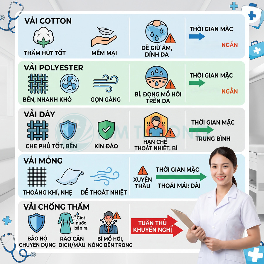 Bảng so sánh ưu nhược điểm các loại vải cotton polyester vải dày mỏng chống thấm cho đồ bảo hộ y tế