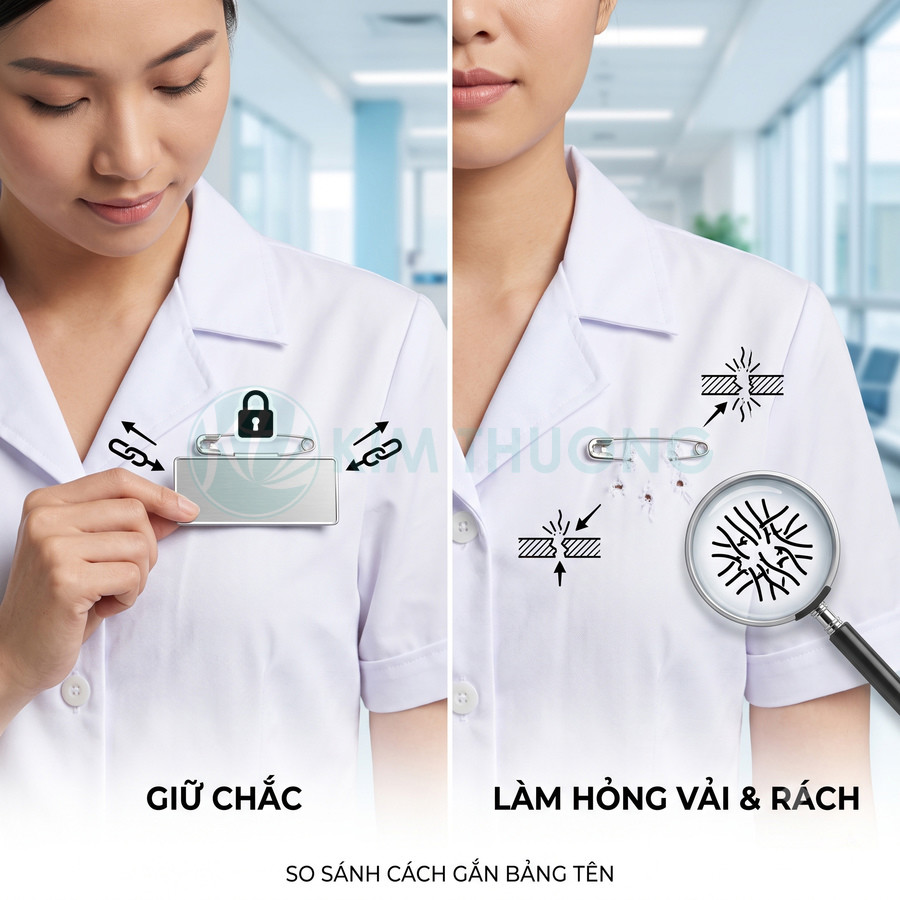 So sánh bảng tên gắn áo bằng kẹp chắc chắn với bảng tên ghim làm rách và hỏng vải áo blouse