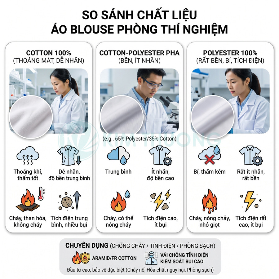 Áo blouse phòng thí nghiệm bằng cotton, cotton pha polyester và polyester, so sánh độ thoáng, chống nhăn, cháy và tích điện.