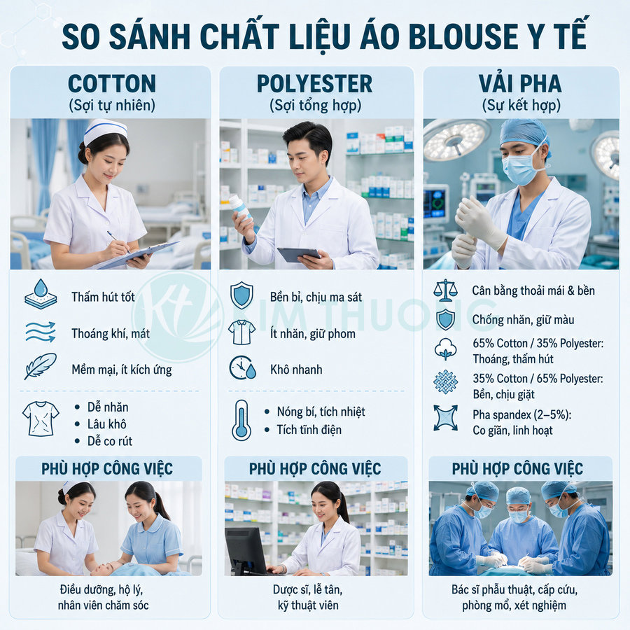 So sánh chất liệu áo blouse y tế cotton, polyester và vải pha cho bác sĩ, điều dưỡng, dược sĩ
