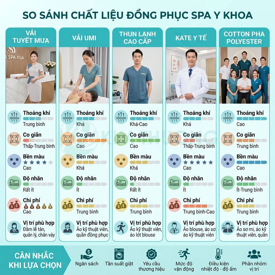 Bảng so sánh chất liệu đồng phục spa y khoa gồm vải tuyết mưa, umi, thun lạnh, kate và cotton pha polyester