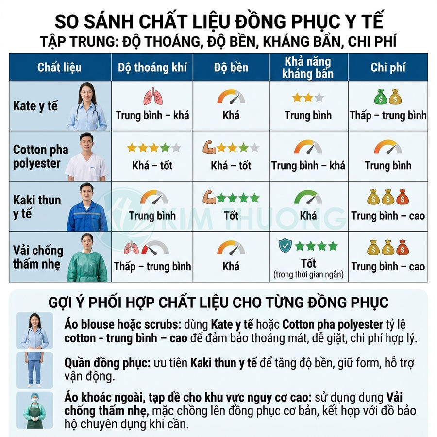 Bảng so sánh chất liệu đồng phục y tế về độ thoáng, độ bền, khả năng kháng bẩn và chi phí
